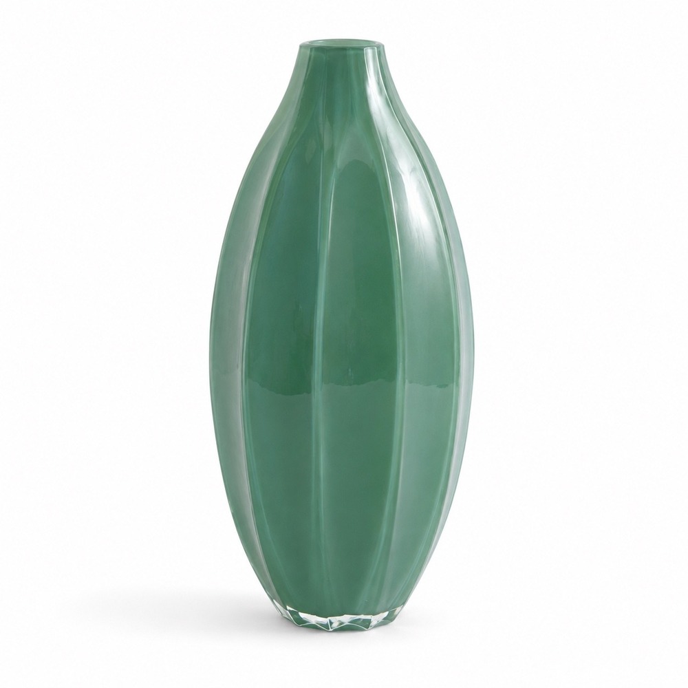 Vintage Jade Green Fluted Art Glass Bud Vase Organic Modern Deco Inspired 9.25"